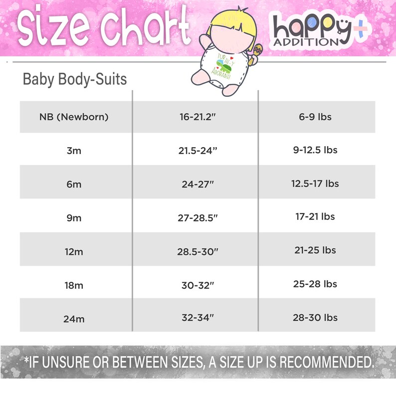 May include: Size chart for baby body suits. The chart shows the corresponding size in months, chest measurement in inches, and weight in pounds.  The chart includes sizes from newborn to 24 months.  *IF UNSURE OR BETWEEN SIZES, A SIZE UP IS RECOMMENDED.*