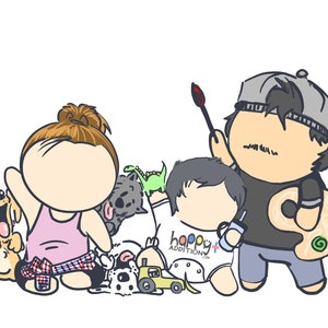 May include: A cartoon illustration of a family with two children, a dog, and a variety of toys. The family is surrounded by toys, including a toy truck, a dinosaur, and a stuffed animal. The children are wearing colorful clothing and the dog is wearing a red collar.