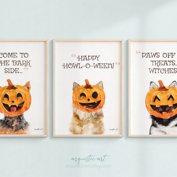 Set of 3 | Funny Howloween Pumpkin Dog Heads in Watercolor | Fall and Halloween Wall Art Decor | Printable Hanging Artwork Decoration