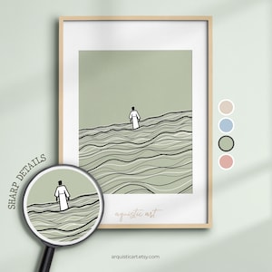 Jesus Walks on Water Bible Ink Drawing, Printable Scripture Wall Art, Christian Home Decor Sketch Artwork, Matthew 14:25-33 Digital Download