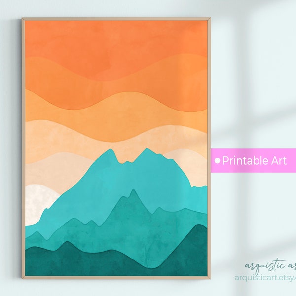 Mountain Rock and Sky Digital Watercolor Wall Art | Orange and Teal Printable Boho Artwork | Downloadable Minimalist Abstract Painting