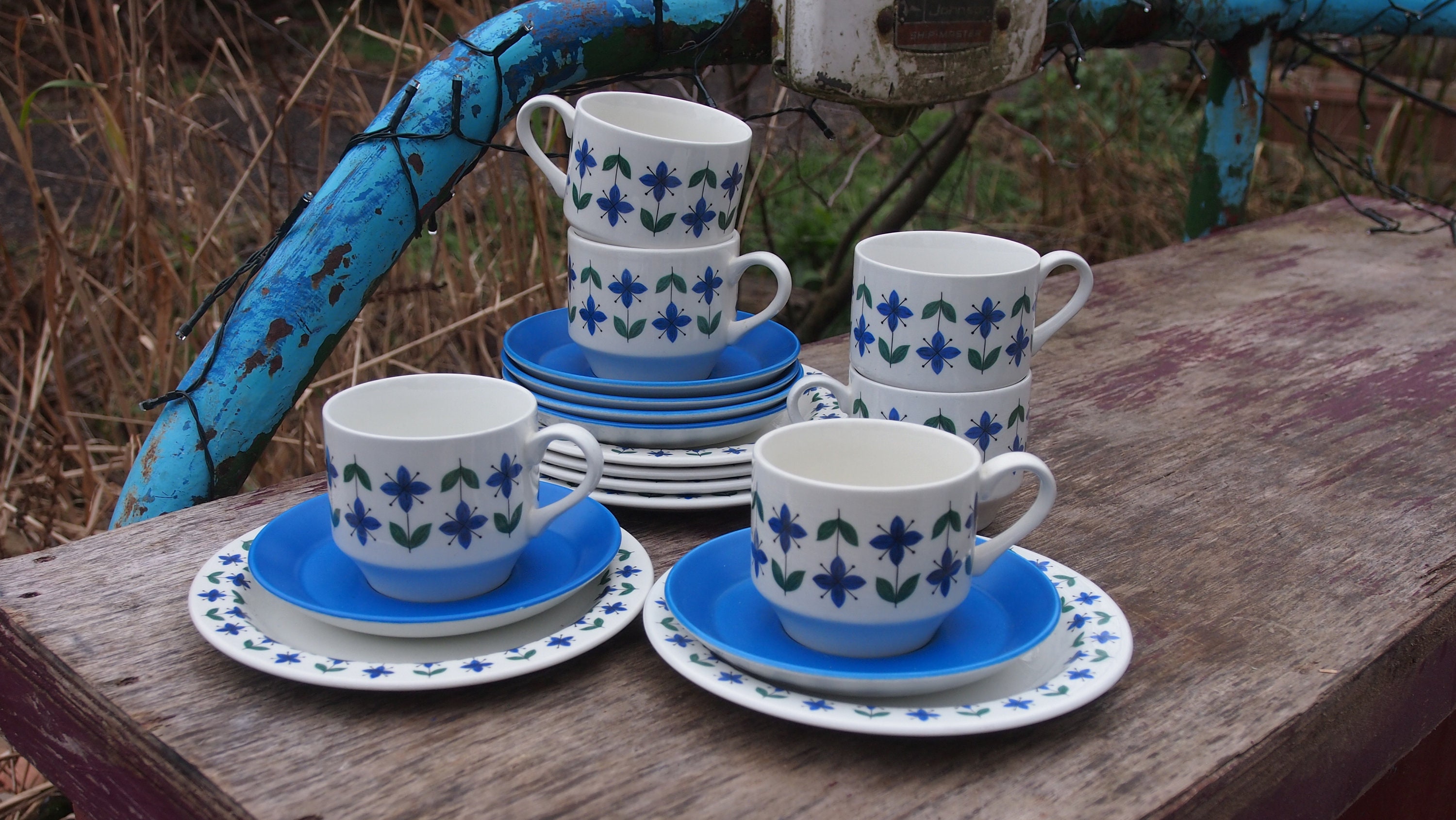 blue green Vintage Midwinter "Roselle" cup and saucer flowers blue green Vintage Midwinter "Roselle" cup and saucer flowers