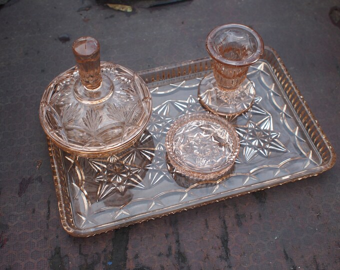 Vintage Pink Depression Glass Vanity Table Set With Ring Dish Etsy