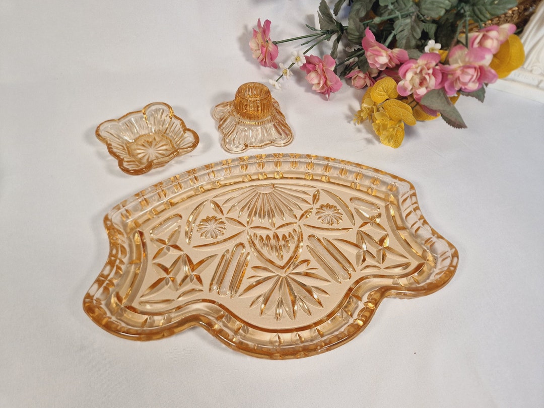 Vintage Pink Depression Glass Vanity Set With Candlestick Etsy