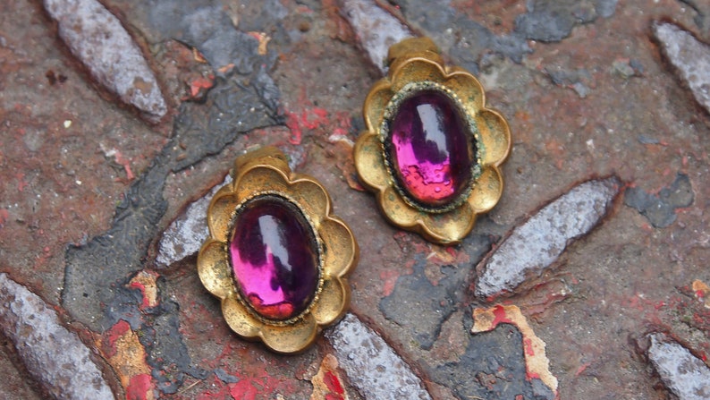 Vintage Brass and Purple Glass Cabochon Clip-on Earrings image 1