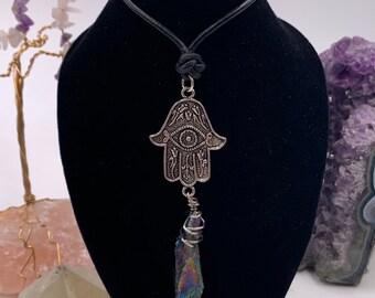 Titanium quartz hamsa necklace