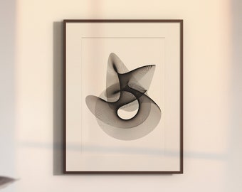 Può includere: Una stampa d'arte astratta incorniciata con un design in bianco e nero di forme sovrapposte. La stampa è in una cornice marrone semplice ed è appesa a una parete bianca.