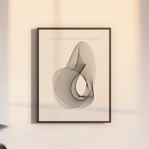 Op de afbeelding: Een ingelijste abstracte kunstprint met een geometrisch ontwerp in zwart en wit. Het ontwerp bestaat uit overlappende lijnen en krommen, waardoor een gevoel van beweging en diepte ontstaat.