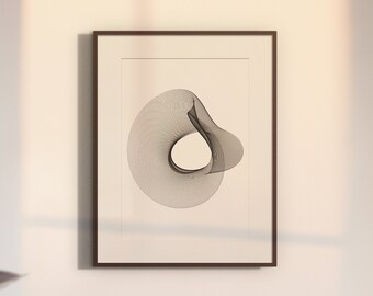 May include: A framed abstract art print featuring a black and white design of a swirling, organic shape. The print is in a brown frame and is hanging on a white wall.