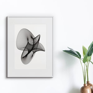 Op de afbeelding: Een zwart-witte abstracte lijntekening in een wit frame aan een witte muur. Een plant in een pot met groene bladeren staat op een houten plank onder de ingelijste print.