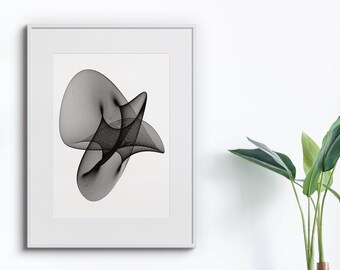 May include: A black and white abstract line art print in a white frame on a white wall. A potted plant with green leaves is on a wooden shelf below the framed print.
