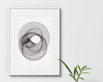 Può includere: Una stampa di arte astratta in bianco e nero in una cornice bianca, appesa a un muro bianco. Una piccola pianta in vaso con foglie verdi è in primo piano.