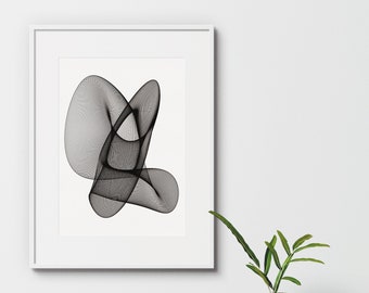 Può includere: Una stampa di arte astratta in bianco e nero in una cornice bianca, appesa a un muro bianco. Una piccola pianta in vaso con foglie verdi è in primo piano.