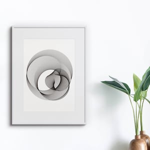 Può includere: Una stampa di arte astratta in bianco e nero in una cornice bianca, appesa a un muro bianco. Una pianta in vaso con foglie verdi è su uno scaffale di legno sotto la stampa.