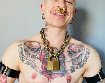 GOLD/ solid brass welded padlock neck chain with solid brass XXXL MASTER padlock.