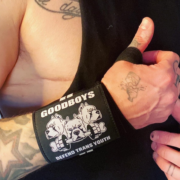 On Sale! GOOD BOYS defend trans youth weight lifting wrist straps.