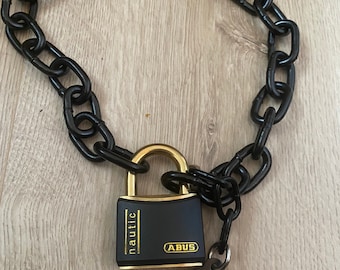 Heavy S&M Black Padlock Chain Collar, Stainless Steel, Hand Engraved