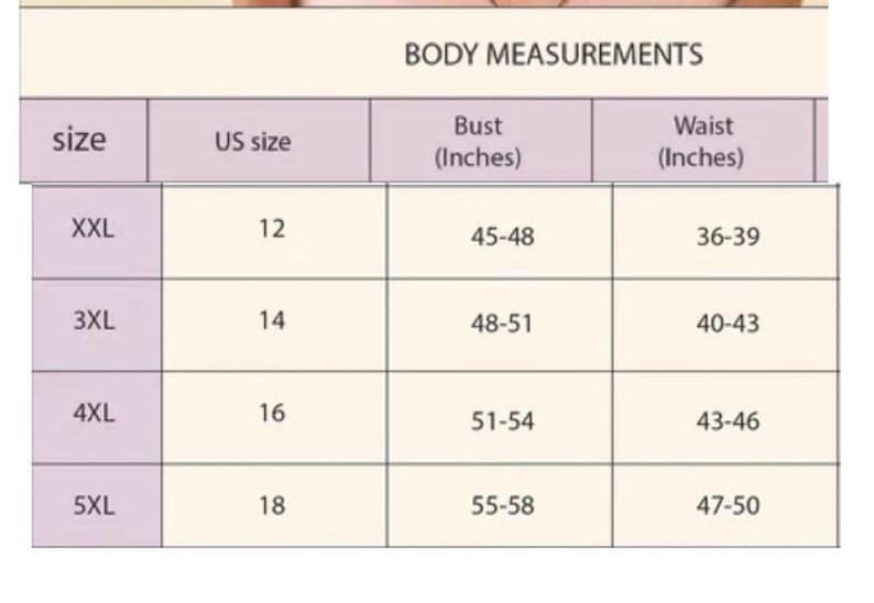 Op de afbeelding: Maattabel met US-maten, borstmaten in inches en taillematen in inches voor de maten XXL, 3XL, 4XL en 5XL.