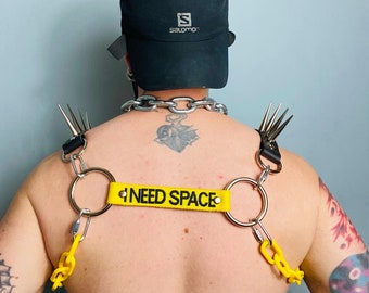 I NEED SPACE bulldog chest harness. Gay interest. Custom sized. Pup. neurodivergent, queer, custom, social anxiety, spikes, hardcore, techno