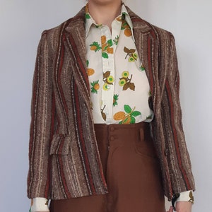 Vintage jaren 1970 Tweed Blazer| Retro wollen pak jas| Dames - Blazer| Bruin, roodgrijs, verticaal gestreept| Gestreept jasje