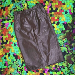 1980s Brown Leather Skirt | Midi Length Sheath / Pencil