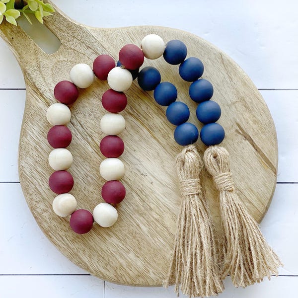 Patriotic Wood Bead Garland: Boho Farmhouse Tiered Tray Decor