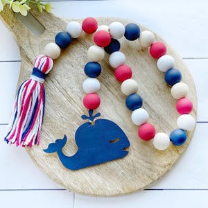Patriotic Wood Bead Garland: 4th of July Farmhouse Whale Decor