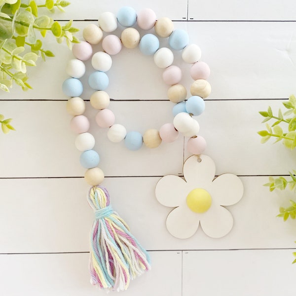 Daisy Wood Bead Garland, Easter Tiered Tray Decor, Wooden Beads, Beaded Garland, Pastel Easter Decor, Farmhouse Bead Garland, Boho Spring