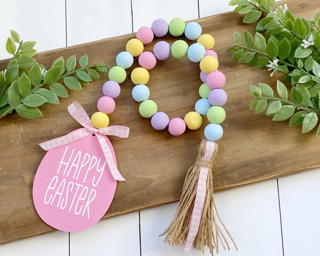 Green Tassel Garland Easte Wood Bead Galand Easte Egg/Bunny Wooden