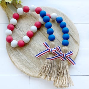 Red White Blue Wood Bead Garland: 4th of July Farmhouse Tiered Tray Decor