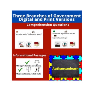 May include: A colorful visual aid for teaching about the three branches of government. The image includes illustrations of the president, the Supreme Court, and the legislative branch. The text "Checks and balances help to make" is also included.