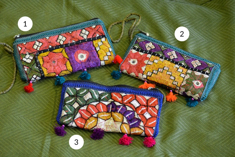 Boho Accessories. Flower Pattern Purse Handmade Pakistani Ethnic Handicrafts Ethnic Purse With Hand Sindhi Style Needle Embroidery