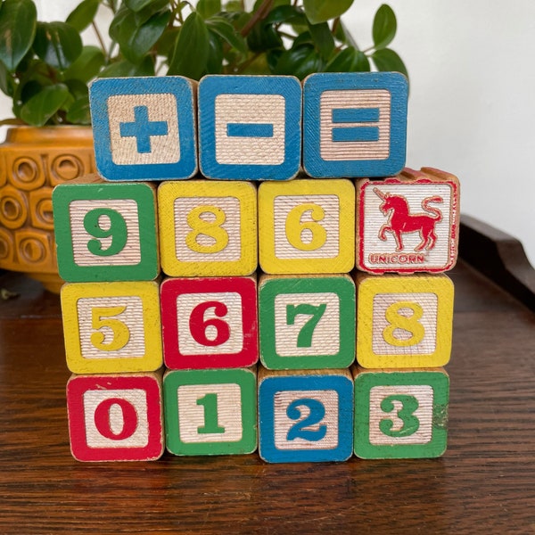 Vintage Wooden Numbered Math Children 15 Blocks and 1 Unicorn Block