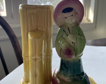 Vintage Shawnee Pottery USA 702 Asian Boy Bamboo Bud Vase Conical Hats Figurine