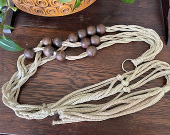 Vintage Macrame Plant Holder: MCM Boho Style with Wooden Beads, 45" Long