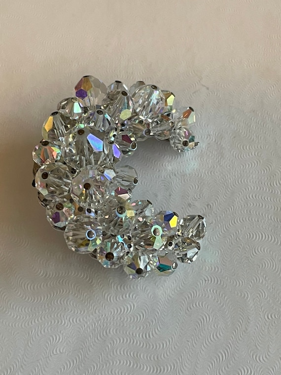 Vintage Aurora Borealis Crystals Rhinestones Faceted Crescent Luna Moon Brooch