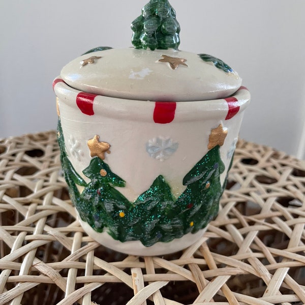 Vintage Sweet Christmas Tree, Snowflakes and Stars Crock with Lid