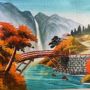Vintage Art of Silk Embroidery Waterfall Japan Mountain Bridge Scene