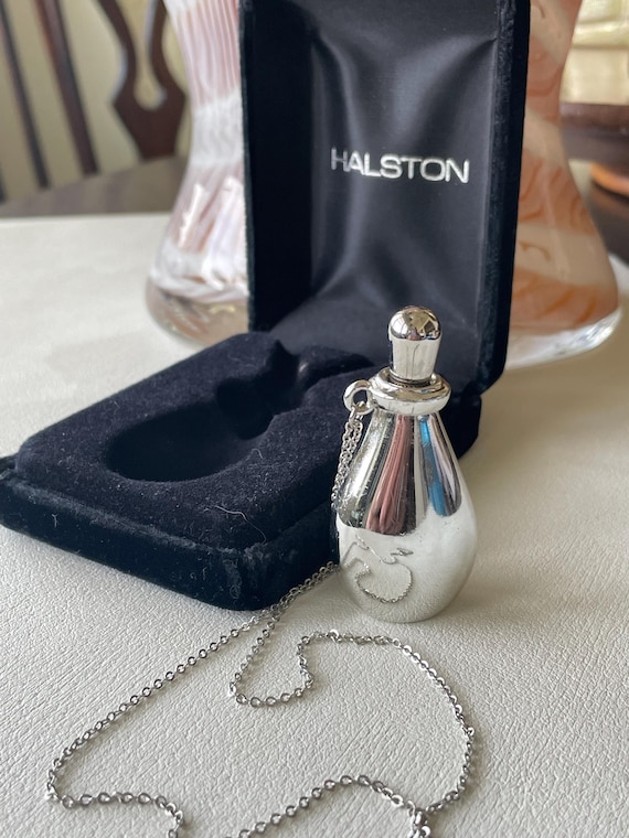 Vintage Halston Silver Perfume Bottle Necklace “Fragrance Jewel” Gift Glass Bottle Designed by Elsa Peretti Original Velvet Third Full