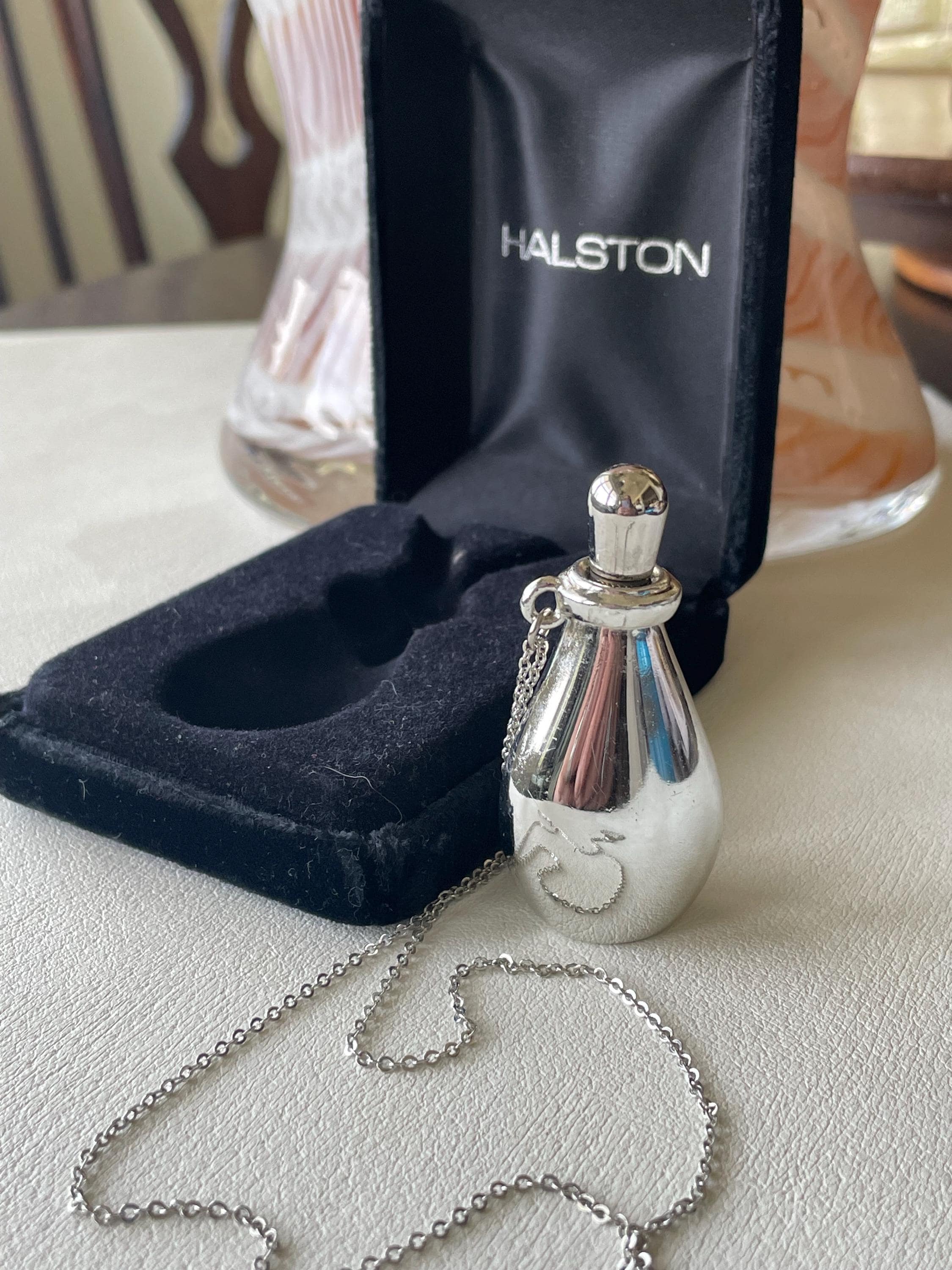 Vintage Halston Silver Perfume Bottle Necklace “fragrance Jewel