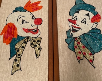 Vintage MCM Mosaic Gravel Clowns Wall Art Pair Creepy Jolly