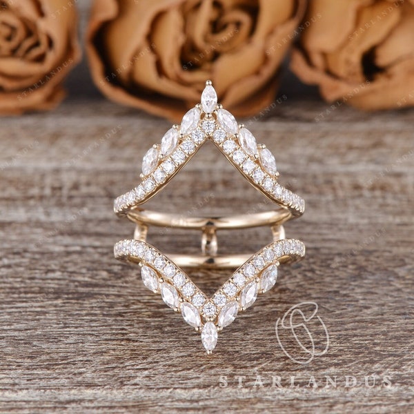 Vintage Inspired Wedding Band Women Wrap Ring Cage Wedding Band Custom Fit Cluster Ring Stacking Marquise Moissanite Ring Enhancer Chevron