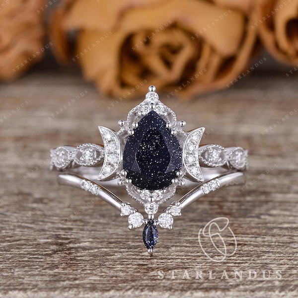 Unique Blue Sandstone Ring Set 2pcs Blue Goldstone Engagement Ring in Silver Ring White Gold Engagement Ring Pear Shaped Vintage sandstone