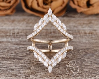 Vintage Inspired Wedding Band Women Wrap Ring Cage Wedding Band Custom Fit Cluster Ring Stacking Marquise Moissanite Ring Enhancer Chevron