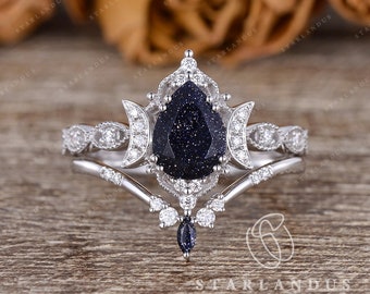 Unique Blue Sandstone Ring Set 2pcs Blue Goldstone Engagement Ring in Silver Ring White Gold Engagement Ring Pear Shaped Vintage sandstone