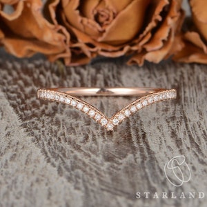 Moissanite Wedding Band Chevron Rose Gold Curved V Shaped Women Custom Order Ring Dainty Minimalist Stacking Ring Anniversary Gift Thin Band