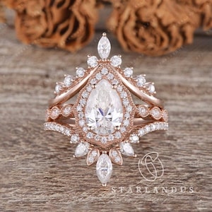 Pear shaped Moissanite Engagement Ring Set Rose Gold Milgrain Cluster Ring Art Deco Wedding Vintage Unique Bridal Anniversary 3pcs
