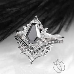 Unique Coffin Shape Black Moissanite Engagement Ring Set Twisted Ring Moon Web Ring Set Solid White Gold Spider Gothic Ring Witchy Ring
