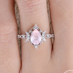 Rose Quartz Engagement Ring Pear Shaped Antique Wedding Ring White Gold Art Deco Rose Quartz Ring Pink Crystal Flower Vine Nature Inspired