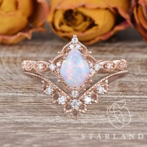 Art Deco Pear Shaped Bridal Set 2pcs Lab Opal Ring Antique Engagement Ring Unique Rose Gold Wedding Ring Stacking Rings Birthstone Vintage